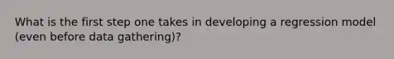 What is the first step one takes in developing a regression model (even before data gathering)?