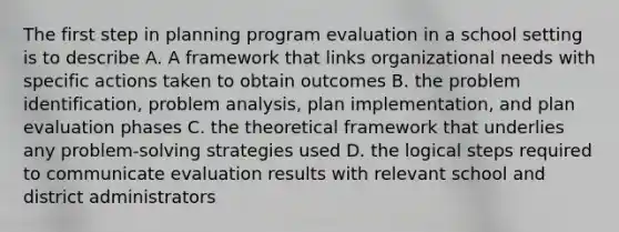 The first step in planning program evaluation in a school setting is to describe A. A framework that links organizational needs with specific actions taken to obtain outcomes B. the problem identification, problem analysis, plan implementation, and plan evaluation phases C. the theoretical framework that underlies any problem-solving strategies used D. the logical steps required to communicate evaluation results with relevant school and district administrators