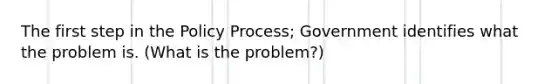 The first step in the Policy Process; Government identifies what the problem is. (What is the problem?)