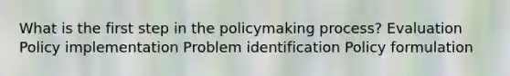 What is the first step in the policymaking process? Evaluation Policy implementation Problem identification Policy formulation