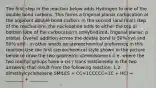 The first step in the reaction below adds Hydrogen to one of the double bond carbons. This forms a trigonal planar carbocation at the adjacent double bond carbon. In the second (and final) step of the mechanism, the nucleophile adds to either the top or bottom lobe of the carbocation's unhybridized, trigonal planar, p orbital. Overall addition across the double bond is 50% syn and 50% anti - in other words no stereochemical preference in this reaction.Use the first stereochemical style shown in the picture below to draw the two geometric stereoisomers (i.e. where the two methyl groups have a cis / trans relationship in the two answers) that result from the following reaction: 1,2-dimethylcyclohexene SMILES = CC=1CCCCC=1C + HCl → ________ + ________