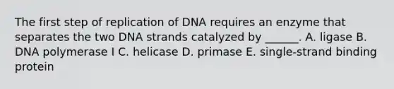 The first step of replication of DNA requires an enzyme that separates the two DNA strands catalyzed by ______. A. ligase B. DNA polymerase I C. helicase D. primase E. single-strand binding protein