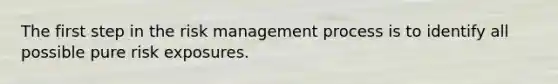 The first step in the risk management process is to identify all possible pure risk exposures.