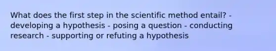 What does the first step in the scientific method entail? - developing a hypothesis - posing a question - conducting research - supporting or refuting a hypothesis