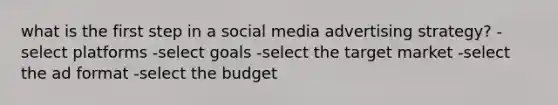 what is the first step in a social media advertising strategy? -select platforms -select goals -select the target market -select the ad format -select the budget