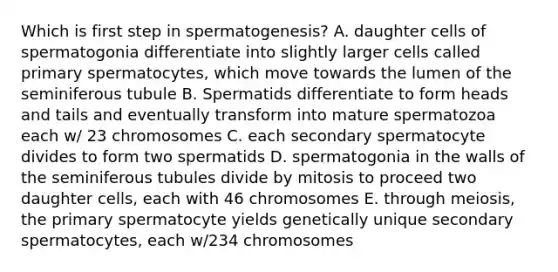 Which is first step in spermatogenesis? A. daughter cells of spermatogonia differentiate into slightly larger cells called primary spermatocytes, which move towards the lumen of the seminiferous tubule B. Spermatids differentiate to form heads and tails and eventually transform into mature spermatozoa each w/ 23 chromosomes C. each secondary spermatocyte divides to form two spermatids D. spermatogonia in the walls of the seminiferous tubules divide by mitosis to proceed two daughter cells, each with 46 chromosomes E. through meiosis, the primary spermatocyte yields genetically unique secondary spermatocytes, each w/234 chromosomes