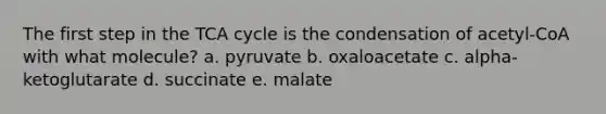 The first step in the TCA cycle is the condensation of acetyl-CoA with what molecule? a. pyruvate b. oxaloacetate c. alpha-ketoglutarate d. succinate e. malate