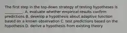 The first step in the top-down strategy of testing hypotheses is __________. A. evaluate whether empirical results confirm predictions B. develop a hypothesis about adaptive function based on a known observation C. test predictions based on the hypothesis D. derive a hypothesis from existing theory