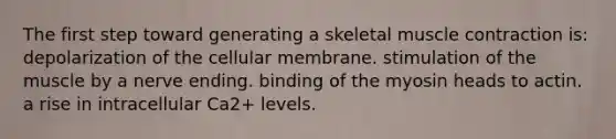 The first step toward generating a skeletal muscle contraction is: depolarization of the cellular membrane. stimulation of the muscle by a nerve ending. binding of the myosin heads to actin. a rise in intracellular Ca2+ levels.