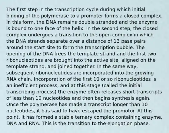 The first step in the transcription cycle during which initial binding of the polymerase to a promoter forms a closed complex. In this form, the DNA remains double stranded and the enzyme is bound to one face of the helix. In the second step, the closed complex undergoes a transition to the open complex in which the DNA strands separate over a distance of 13 base pairs around the start site to form the transcription bubble. The opening of the DNA frees the template strand and the first two ribonucleotides are brought into the active site, aligned on the template strand, and joined together. In the same way, subsequent ribonucleotides are incorporated into the growing RNA chain. Incorporation of the first 10 or so ribonucleotides is an inefficient process, and at this stage (called the initial transcribing process) the enzyme often releases short transcripts of less than 10 nucleotides and then begins synthesis again. Once the polymerase has made a transcript longer than 10 nucleotides, it has said to have escaped the promotor. At this point, it has formed a stable ternary complex containing enzyme, DNA and RNA. This is the transition to the elongation phase.