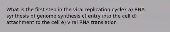 What is the first step in the viral replication cycle? a) RNA synthesis b) genome synthesis c) entry into the cell d) attachment to the cell e) viral RNA translation