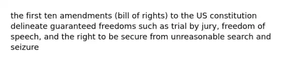 the first ten amendments (bill of rights) to the US constitution delineate guaranteed freedoms such as trial by jury, freedom of speech, and the right to be secure from unreasonable search and seizure