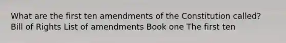 What are the first ten amendments of the Constitution called? Bill of Rights List of amendments Book one The first ten