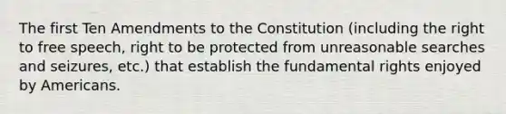 The first Ten Amendments to the Constitution (including the right to free speech, right to be protected from unreasonable searches and seizures, etc.) that establish the fundamental rights enjoyed by Americans.