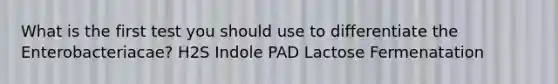 What is the first test you should use to differentiate the Enterobacteriacae? H2S Indole PAD Lactose Fermenatation