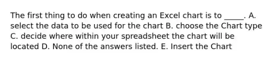 The first thing to do when creating an Excel chart is to _____. A. select the data to be used for the chart B. choose the Chart type C. decide where within your spreadsheet the chart will be located D. None of the answers listed. E. Insert the Chart