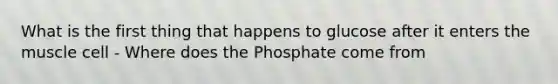 What is the first thing that happens to glucose after it enters the muscle cell - Where does the Phosphate come from