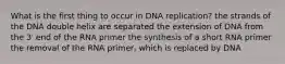 What is the first thing to occur in DNA replication? the strands of the DNA double helix are separated the extension of DNA from the 3′ end of the RNA primer the synthesis of a short RNA primer the removal of the RNA primer, which is replaced by DNA