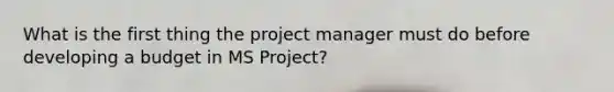 What is the first thing the project manager must do before developing a budget in MS Project?