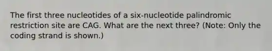 The first three nucleotides of a six-nucleotide palindromic restriction site are CAG. What are the next three? (Note: Only the coding strand is shown.)