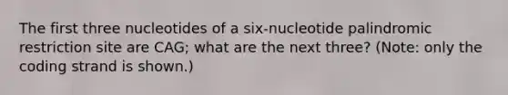 The first three nucleotides of a six-nucleotide palindromic restriction site are CAG; what are the next three? (Note: only the coding strand is shown.)