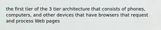 the first tier of the 3 tier architecture that consists of phones, computers, and other devices that have browsers that request and process Web pages