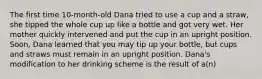 The first time 10-month-old Dana tried to use a cup and a straw, she tipped the whole cup up like a bottle and got very wet. Her mother quickly intervened and put the cup in an upright position. Soon, Dana learned that you may tip up your bottle, but cups and straws must remain in an upright position. Dana's modification to her drinking scheme is the result of a(n)