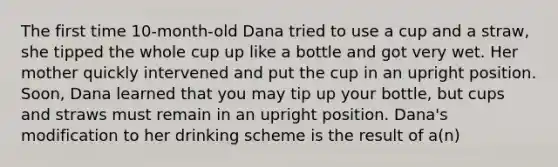 The first time 10-month-old Dana tried to use a cup and a straw, she tipped the whole cup up like a bottle and got very wet. Her mother quickly intervened and put the cup in an upright position. Soon, Dana learned that you may tip up your bottle, but cups and straws must remain in an upright position. Dana's modification to her drinking scheme is the result of a(n)