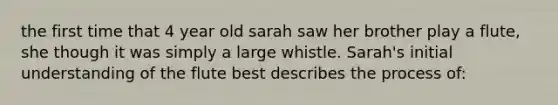 the first time that 4 year old sarah saw her brother play a flute, she though it was simply a large whistle. Sarah's initial understanding of the flute best describes the process of: