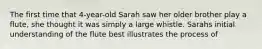 The first time that 4-year-old Sarah saw her older brother play a flute, she thought it was simply a large whistle. Sarahs initial understanding of the flute best illustrates the process of