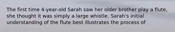 The first time 4-year-old Sarah saw her older brother play a flute, she thought it was simply a large whistle. Sarah's initial understanding of the flute best illustrates the process of