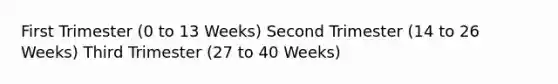 First Trimester (0 to 13 Weeks) Second Trimester (14 to 26 Weeks) Third Trimester (27 to 40 Weeks)