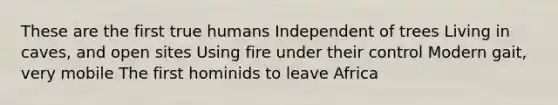 These are the first true humans Independent of trees Living in caves, and open sites Using fire under their control Modern gait, very mobile The first hominids to leave Africa