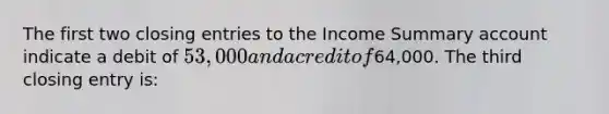 The first two <a href='https://www.questionai.com/knowledge/kosjhwC4Ps-closing-entries' class='anchor-knowledge'>closing entries</a> to the Income Summary account indicate a debit of 53,000 and a credit of64,000. The third closing entry is: