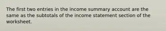 The first two entries in the income summary account are the same as the subtotals of the income statement section of the worksheet.