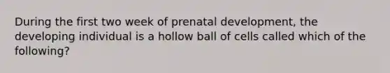 During the first two week of prenatal development, the developing individual is a hollow ball of cells called which of the following?