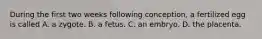 During the first two weeks following conception, a fertilized egg is called A. a zygote. B. a fetus. C. an embryo. D. the placenta.
