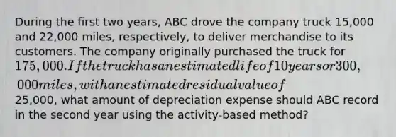 During the first two years, ABC drove the company truck 15,000 and 22,000 miles, respectively, to deliver merchandise to its customers. The company originally purchased the truck for 175,000. If the truck has an estimated life of 10 years or 300,000 miles, with an estimated residual value of25,000, what amount of depreciation expense should ABC record in the second year using the activity-based method?