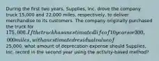 During the first two years, Supplies, Inc. drove the company truck 15,000 and 22,000 miles, respectively, to deliver merchandise to its customers. The company originally purchased the truck for 175,000. If the truck has an estimated life of 10 years or 300,000 miles, with an estimated residual value of25,000, what amount of deprecation expense should Supplies, Inc. record in the second year using the activity-based method?