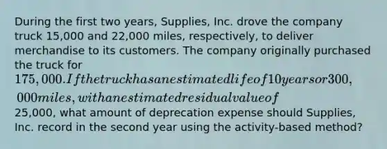 During the first two years, Supplies, Inc. drove the company truck 15,000 and 22,000 miles, respectively, to deliver merchandise to its customers. The company originally purchased the truck for 175,000. If the truck has an estimated life of 10 years or 300,000 miles, with an estimated residual value of25,000, what amount of deprecation expense should Supplies, Inc. record in the second year using the activity-based method?