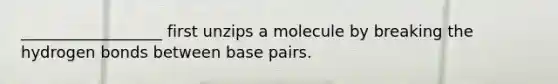 __________________ first unzips a molecule by breaking the hydrogen bonds between base pairs.