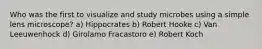 Who was the first to visualize and study microbes using a simple lens microscope? a) Hippocrates b) Robert Hooke c) Van Leeuwenhock d) Girolamo Fracastoro e) Robert Koch