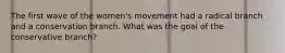 The first wave of the women's movement had a radical branch and a conservation branch. What was the goal of the conservative branch?