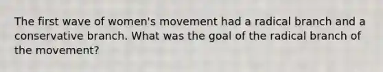The first wave of women's movement had a radical branch and a conservative branch. What was the goal of the radical branch of the movement?