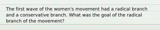 The first wave of the women's movement had a radical branch and a conservative branch. What was the goal of the radical branch of the movement?