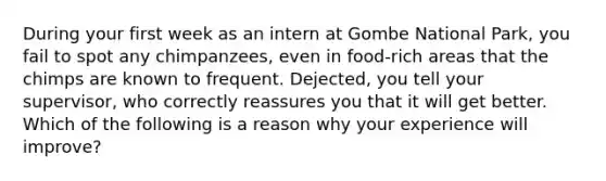 During your first week as an intern at Gombe National Park, you fail to spot any chimpanzees, even in food-rich areas that the chimps are known to frequent. Dejected, you tell your supervisor, who correctly reassures you that it will get better. Which of the following is a reason why your experience will improve?