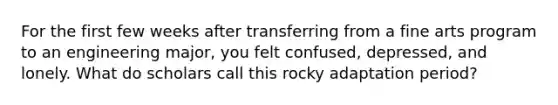 For the first few weeks after transferring from a fine arts program to an engineering major, you felt confused, depressed, and lonely. What do scholars call this rocky adaptation period?