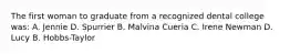 The first woman to graduate from a recognized dental college was: A. Jennie D. Spurrier B. Malvina Cueria C. Irene Newman D. Lucy B. Hobbs-Taylor