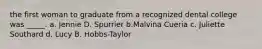 the first woman to graduate from a recognized dental college was _____. a. Jennie D. Spurrier b.Malvina Cueria c. Juliette Southard d. Lucy B. Hobbs-Taylor