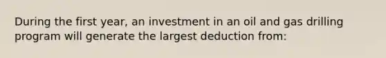 During the first year, an investment in an oil and gas drilling program will generate the largest deduction from: